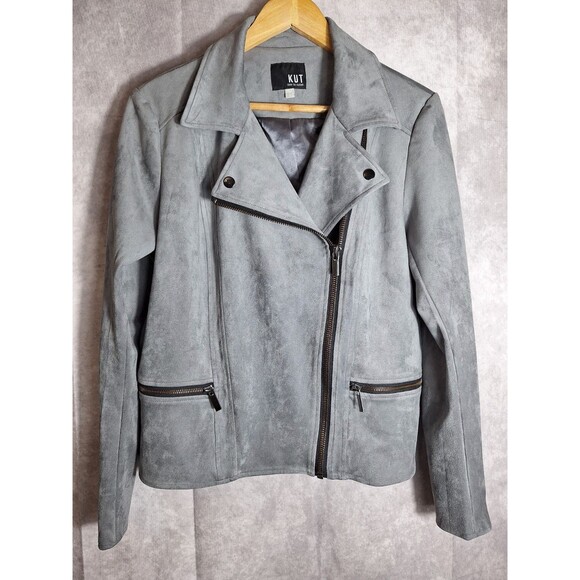 KUT FROM THE KLOTH Faux Suede Eveline Jacket Gray Women's Sz M Moto Biker Grunge - Picture 2 of 11